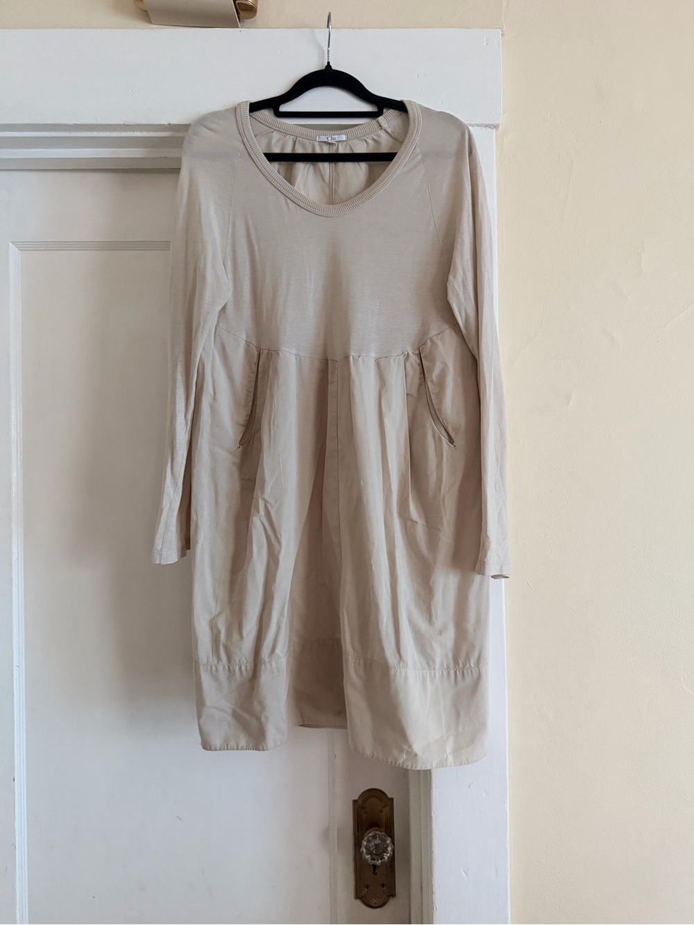 Beige Long-Sleeve Cotton Blend Dress with Pockets